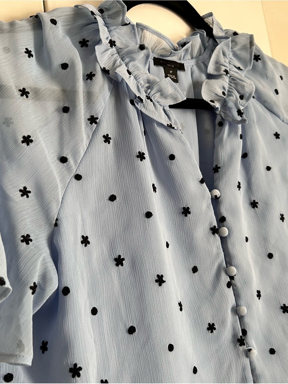Ann Taylor Petite Blue Swiss Dot Ruffle Blouse SP